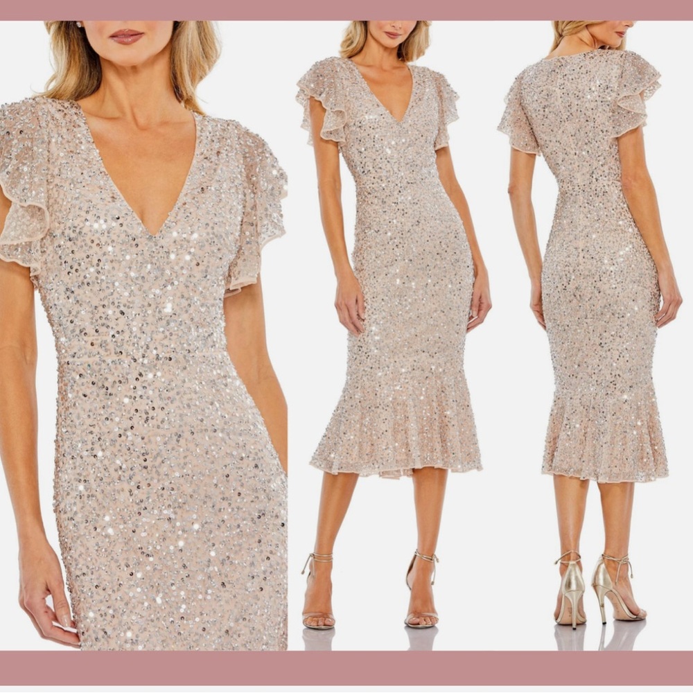 NWT Mac Duggal Sequin V-Neck Midi Dress Flutter Sleeve Pink Nude size 4